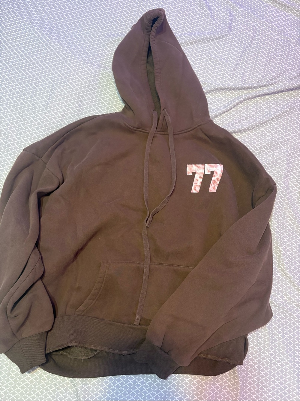 Women’s  brown hoodie with number 77 in leopard pink on front and back. Size M